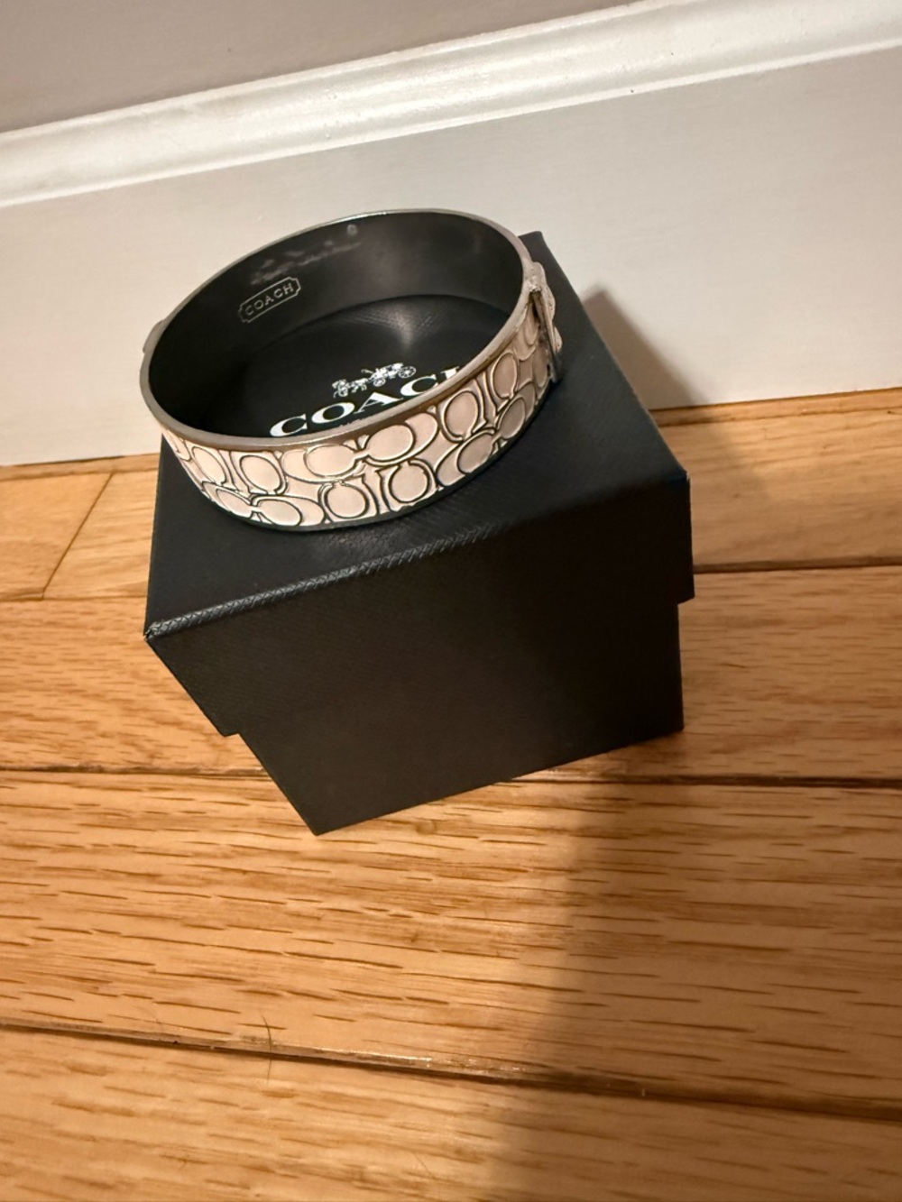 Coach Enamel Signature Bangle in Pale Pink and Silver